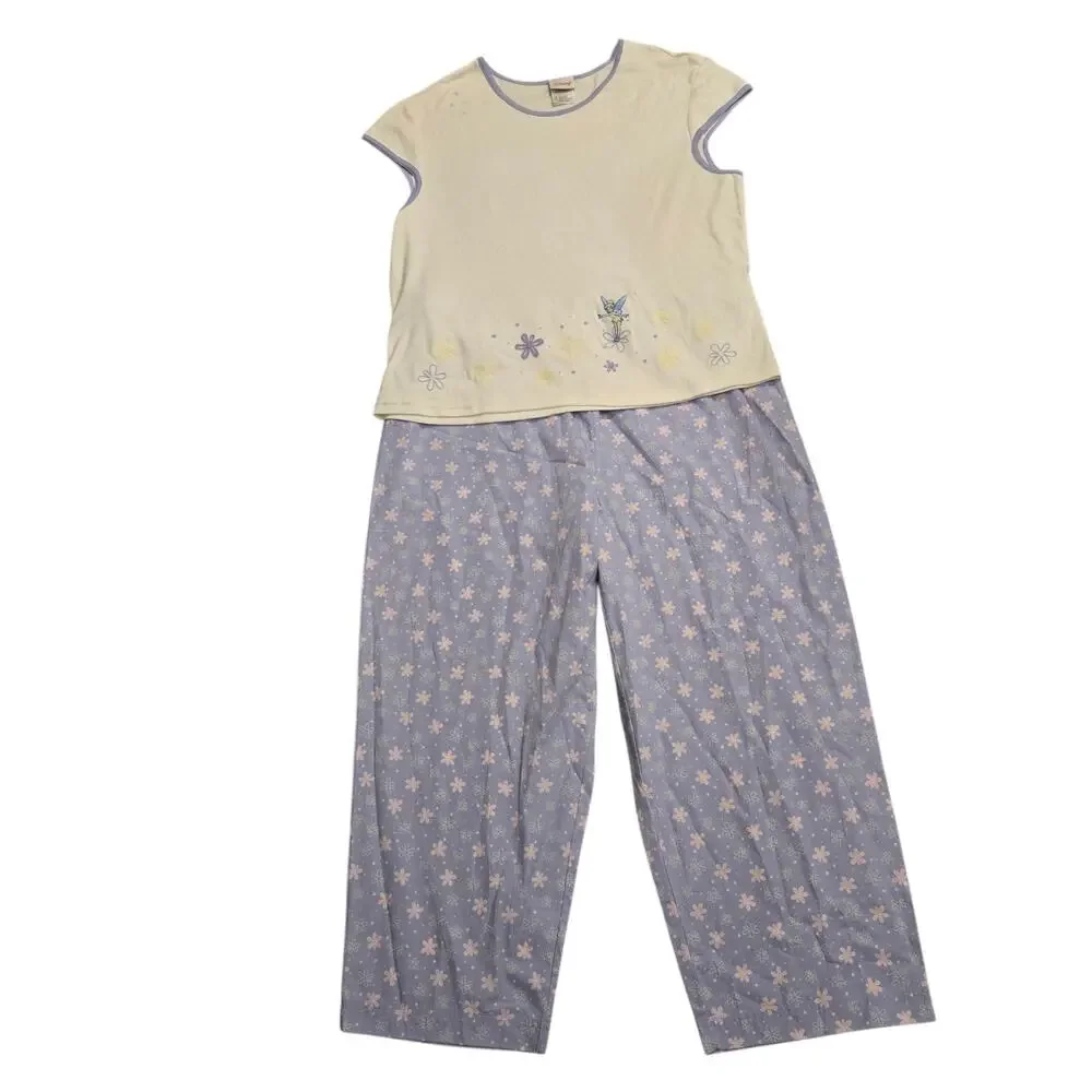 Disney Store Tinkerbell Embroider Pajama Set Women XL Top Pants Cotton Sleepwear - Picture 2 of 9